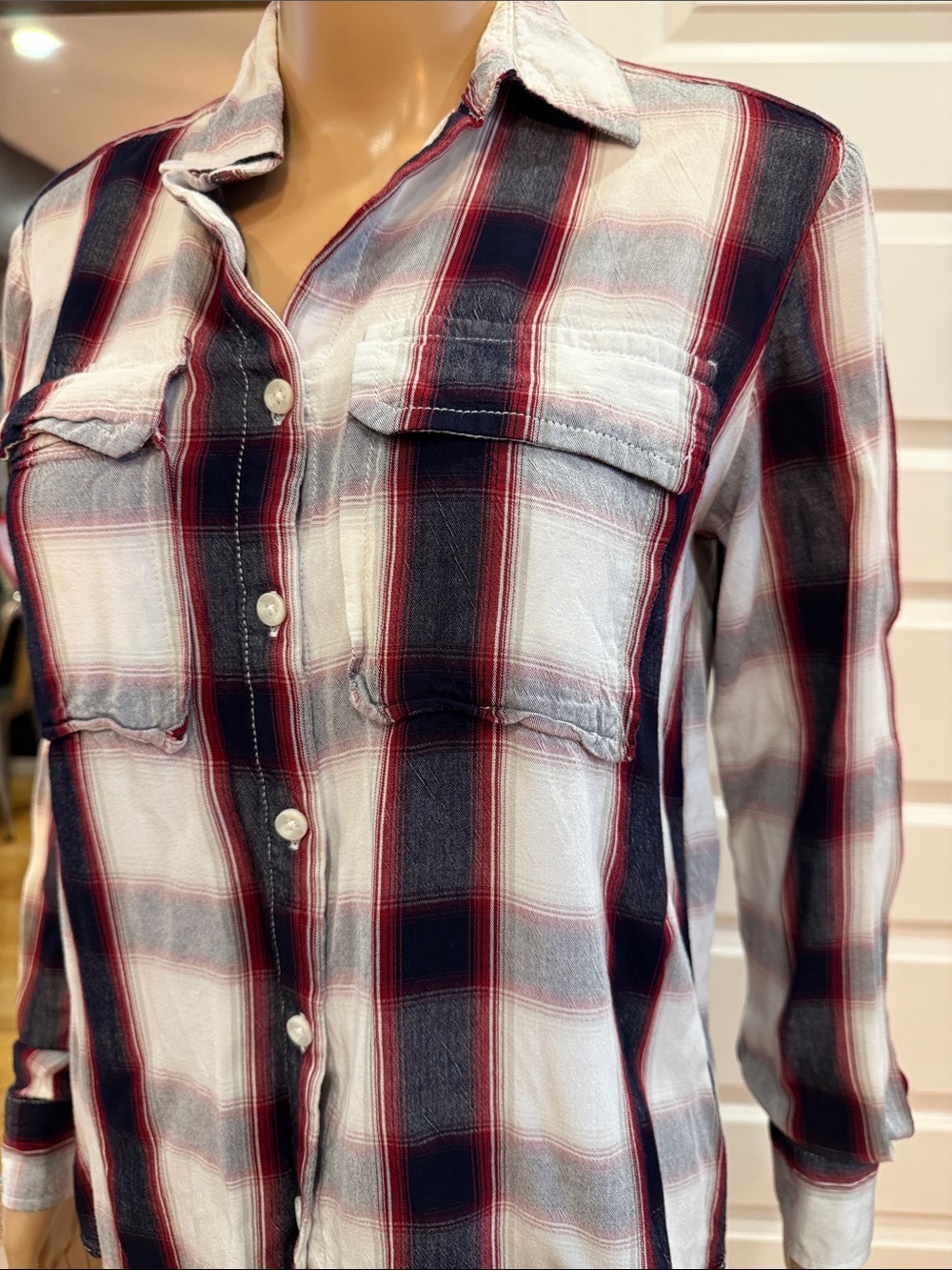 Joe Fresh Red Black White Plaid Relaxed Button-Up Shirt XS